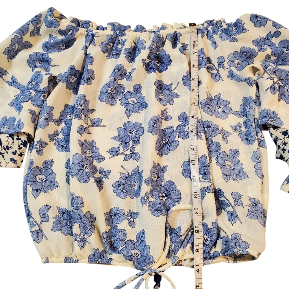 Vintage Havana Women's Size Small Blouse Blue Floral Tie Front Tiered Sleeve - Picture 9 of 12